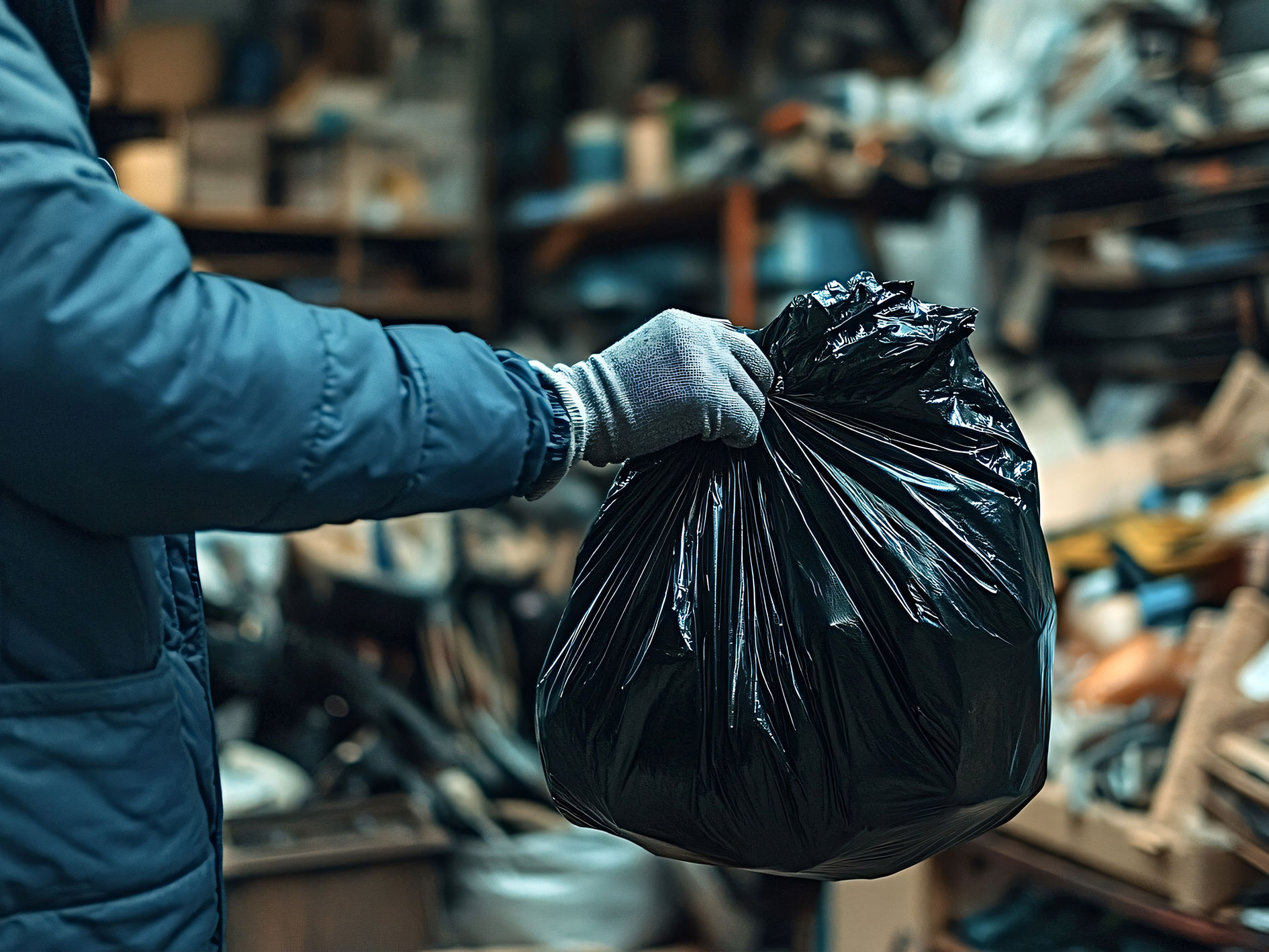 Worker holding waste items in bin bag ready to be disposed of in a messy room